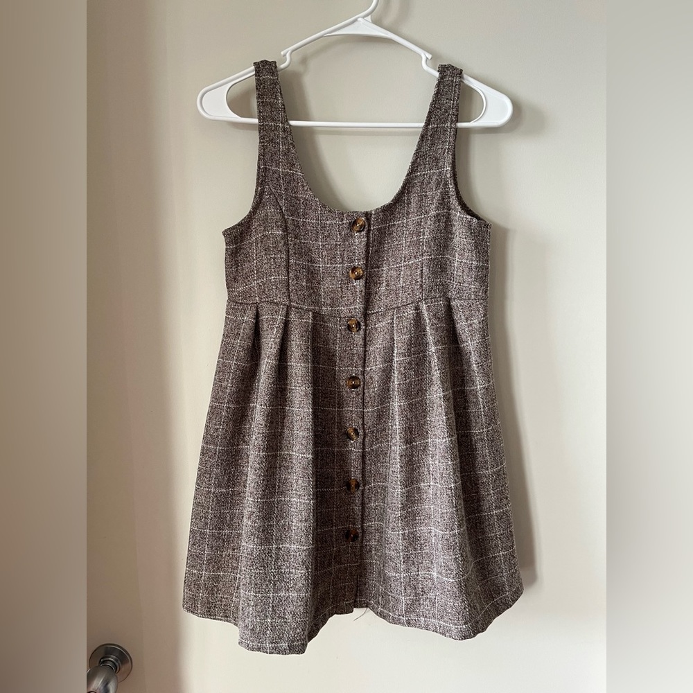 Kawaii Brown Wool Check Jumper Pinafore Overall Dress Japan Cottagecore